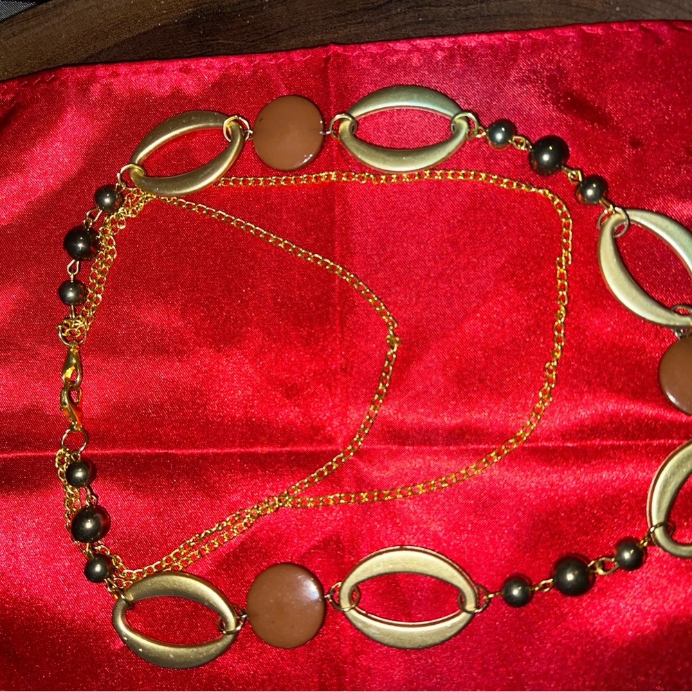 Avon Vimtage  Couture 80’s Runway African Hard Wood Beaded Gold Tone Necklace